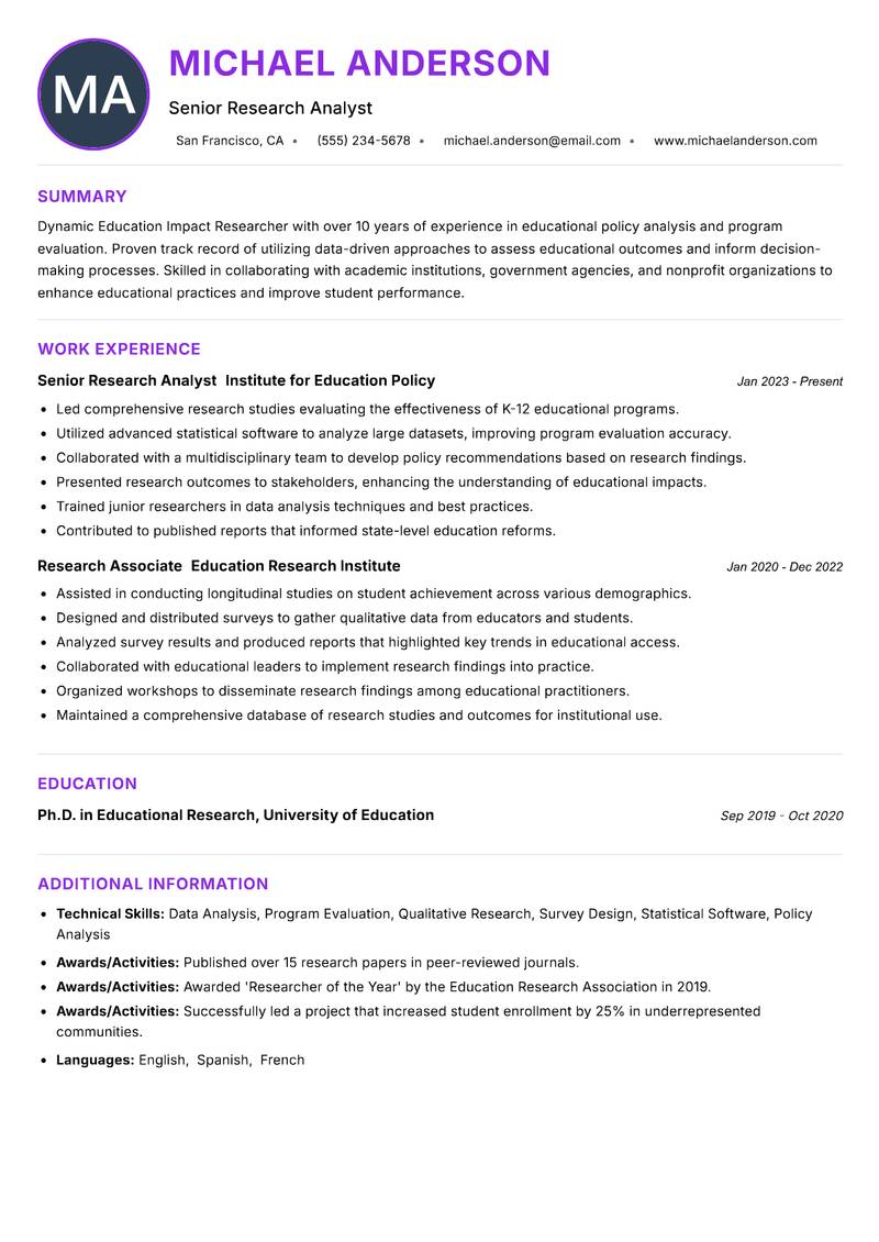 Education Impact Researcher resume example — ATS-friendly template