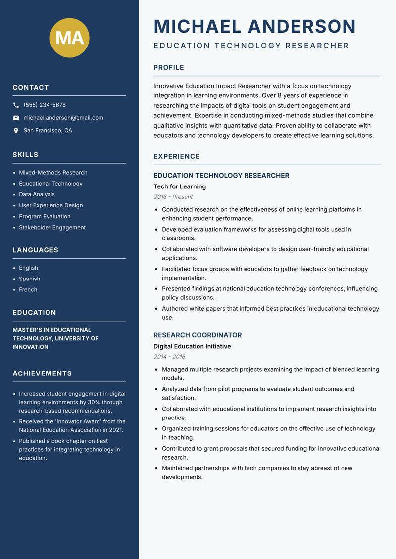 Education Impact Researcher resume template — Classic Clean