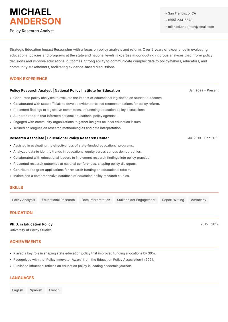 Education Impact Researcher resume template — Modern Professional