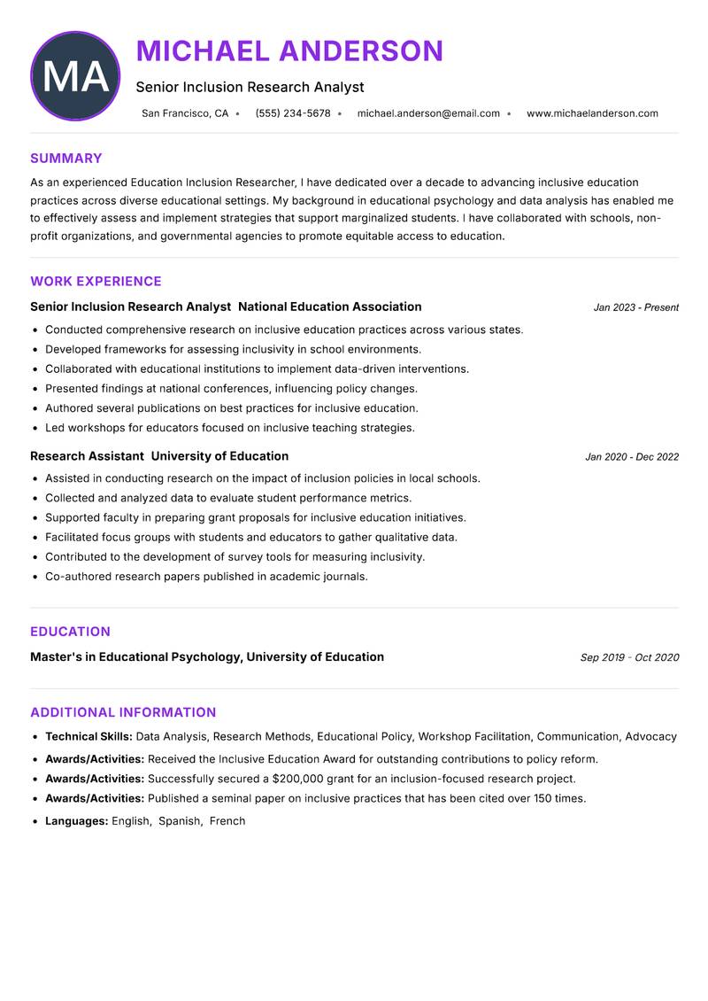 Education Inclusion Researcher resume example — ATS-friendly template