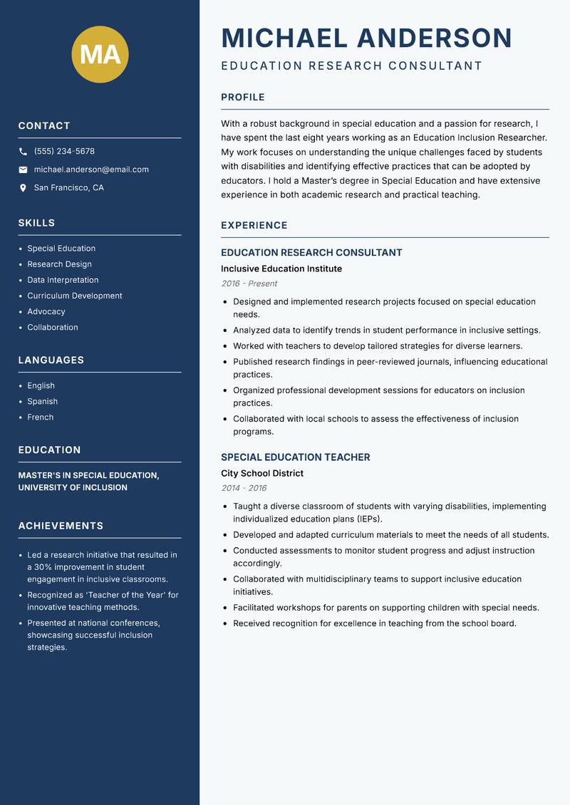 Education Inclusion Researcher resume template — Classic Clean
