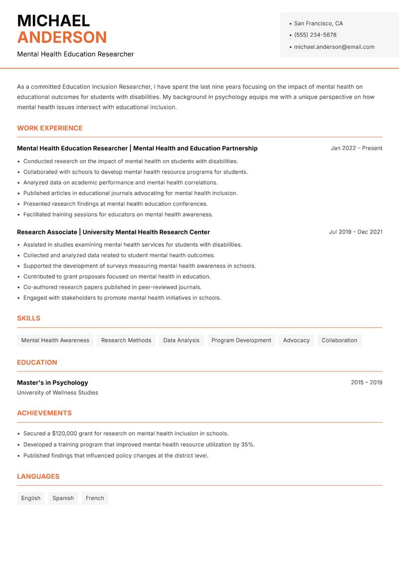 Education Inclusion Researcher resume template — Modern Professional