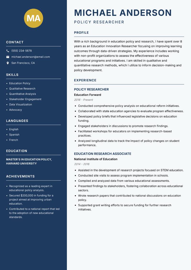 Education Innovation Researcher resume template — Classic Clean