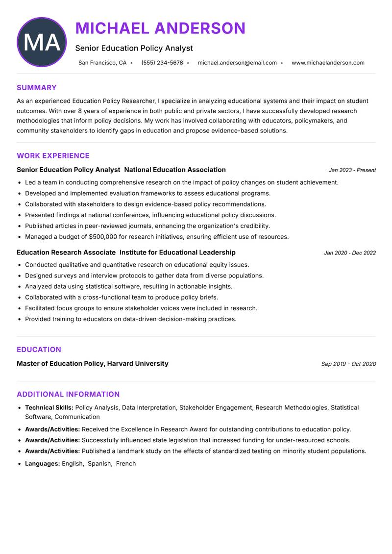 Education Policy Researcher resume example — ATS-friendly template