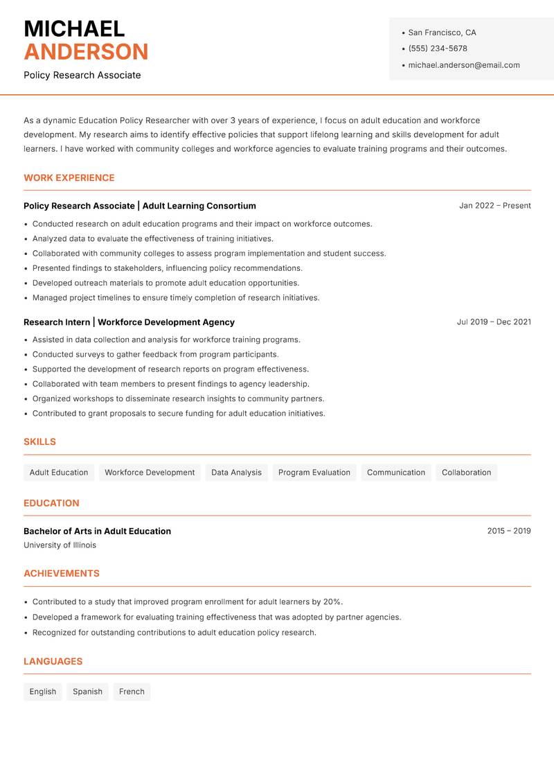 Education Policy Researcher resume template — Modern Professional