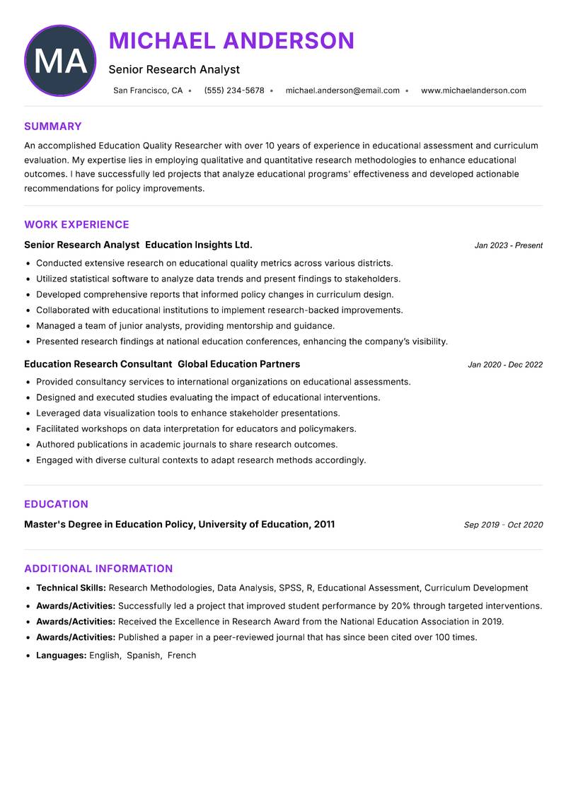 Education Quality Researcher resume example — ATS-friendly template