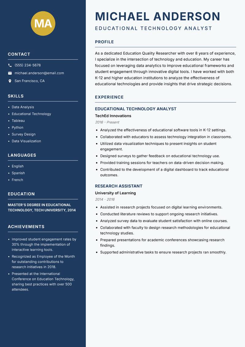 Education Quality Researcher resume template — Classic Clean