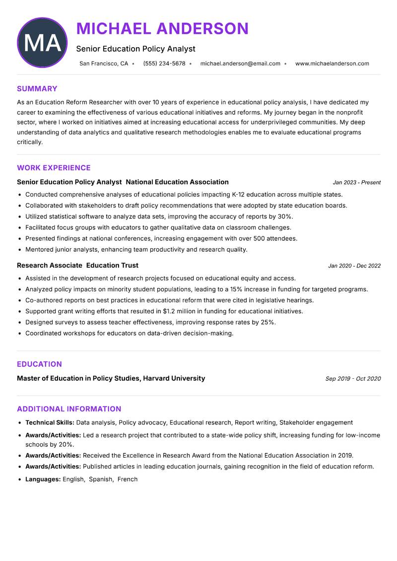 Education Reform Researcher resume example — ATS-friendly template