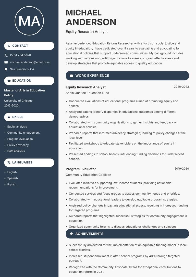 Education Reform Researcher resume template — Compact