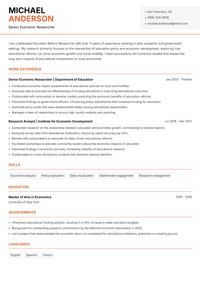 Education Reform Researcher resume template — Modern Professional