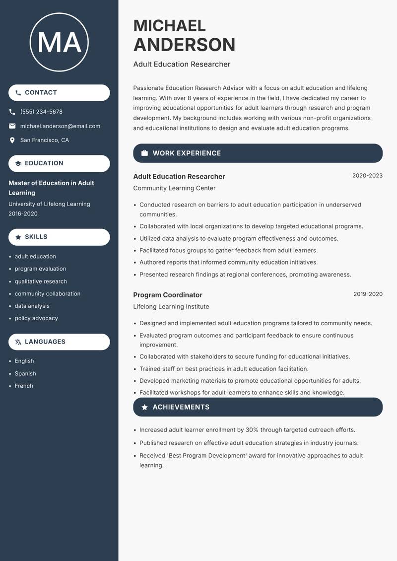 Education Research Advisor resume template — Compact