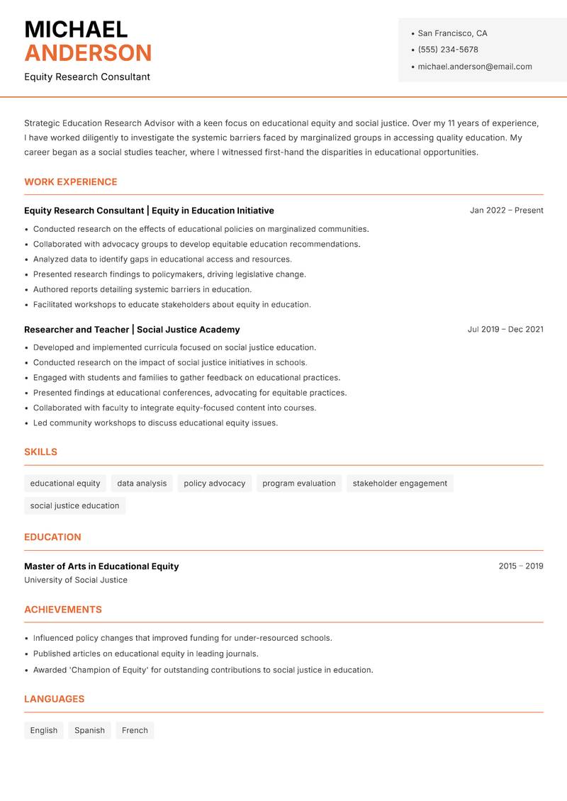 Education Research Advisor resume template — Modern Professional