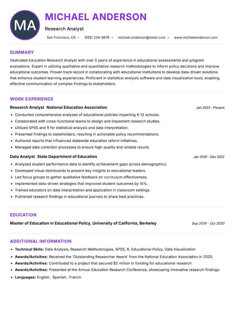 Education Research Analyst resume example — ATS-friendly template