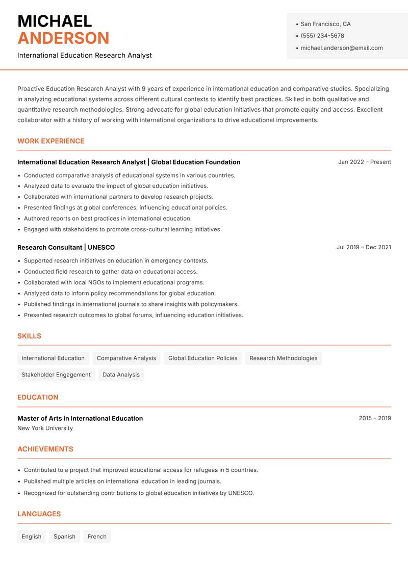 Education Research Analyst resume template — Modern Professional
