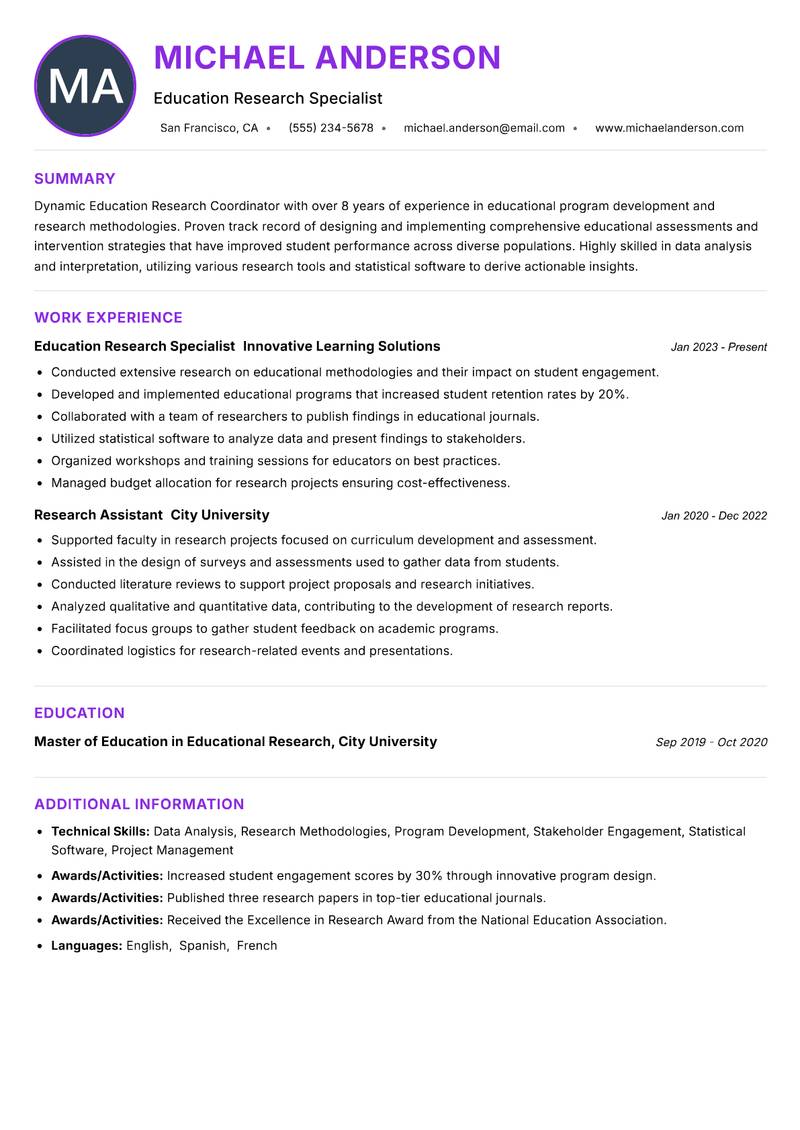 Education Research Coordinator resume example — ATS-friendly template