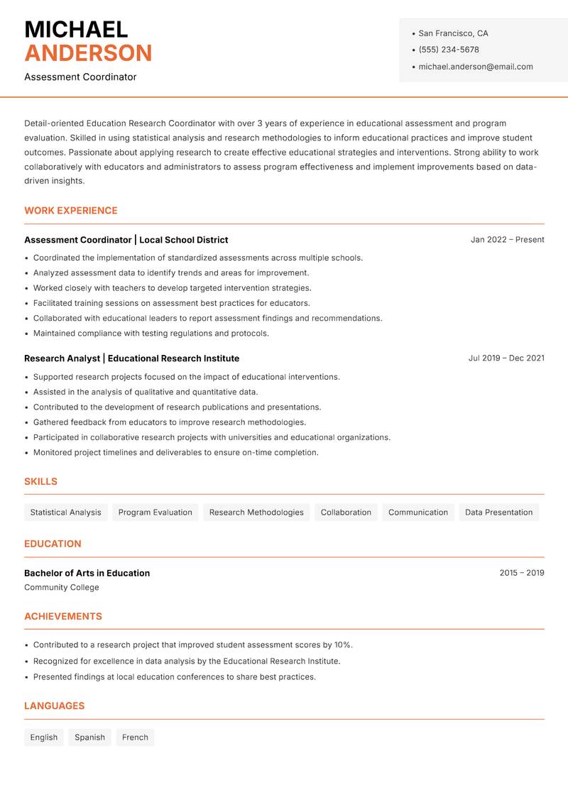 Education Research Coordinator resume template — Modern Professional