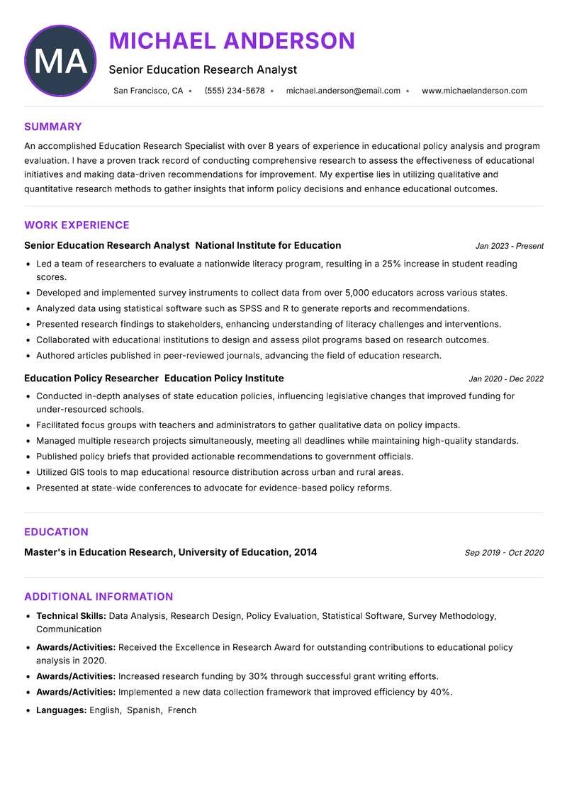 Education Research Specialist resume example — ATS-friendly template