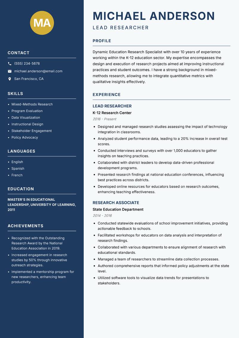 Education Research Specialist resume template — Classic Clean