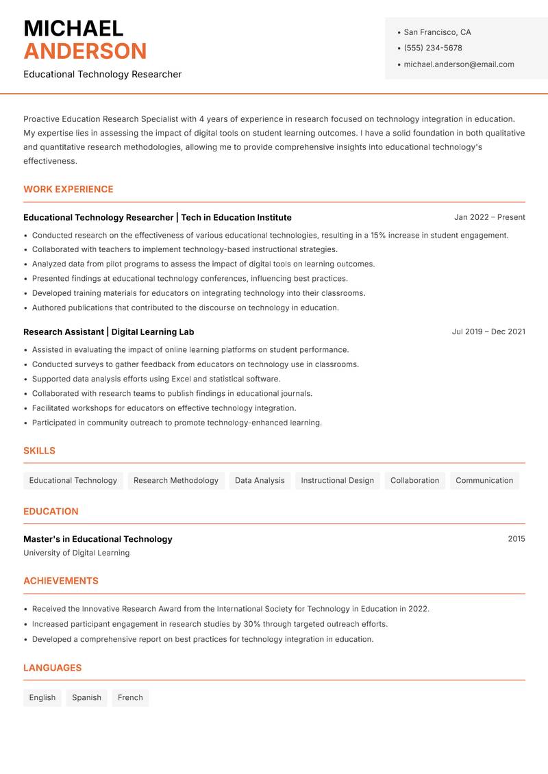 Education Research Specialist resume template — Modern Professional