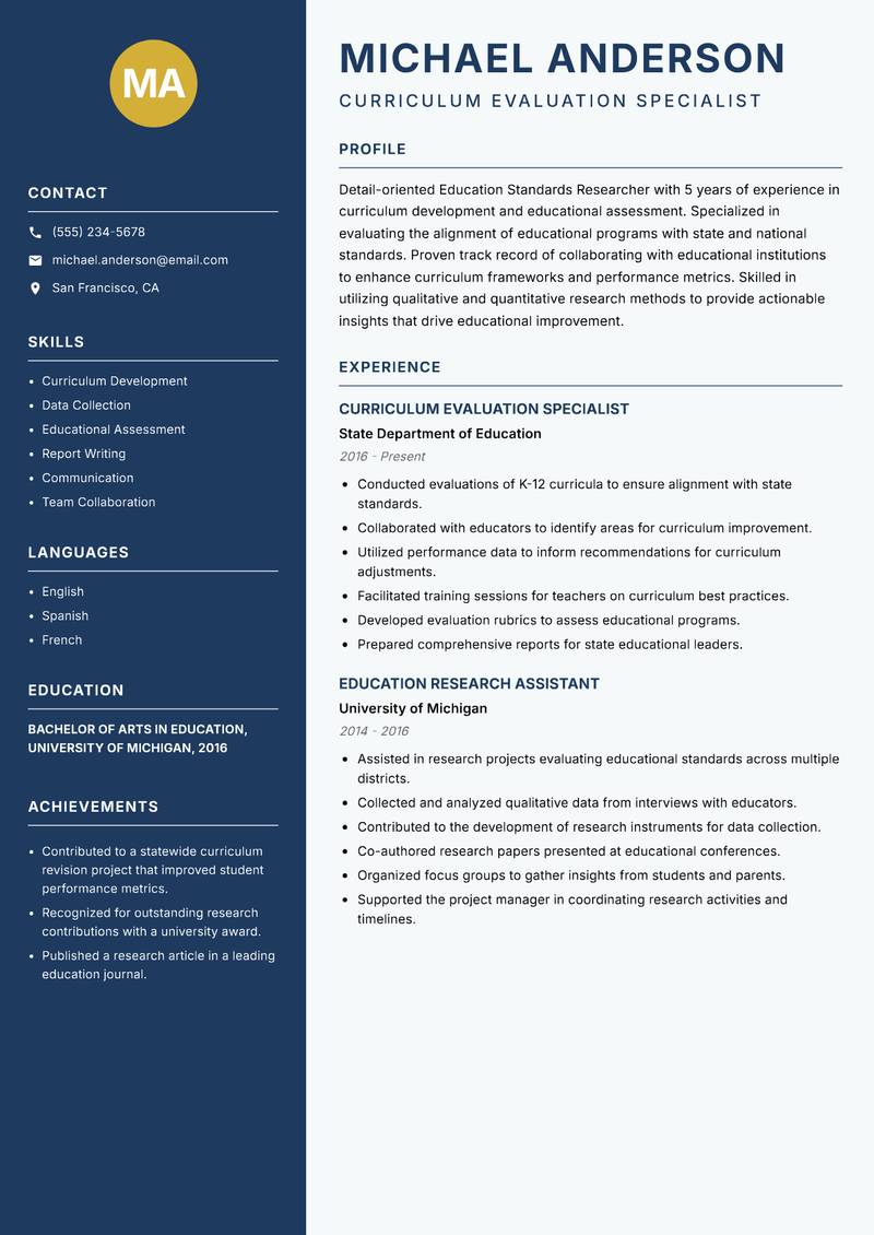 Education Standards Researcher resume template — Classic Clean