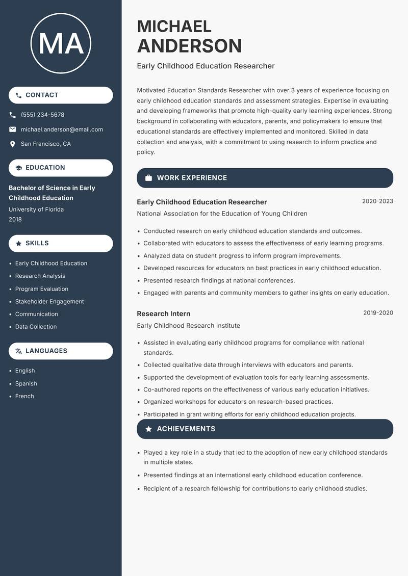 Education Standards Researcher resume template — Compact
