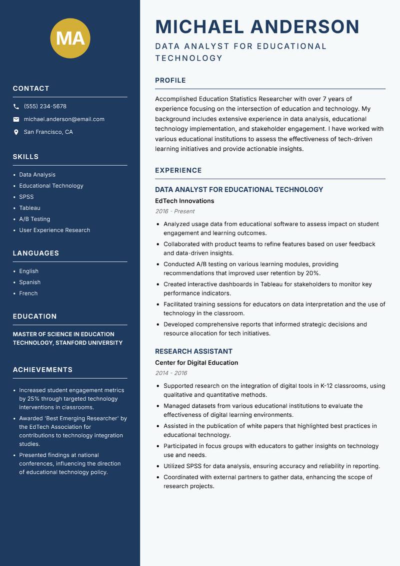 Education Statistics Researcher resume template — Classic Clean