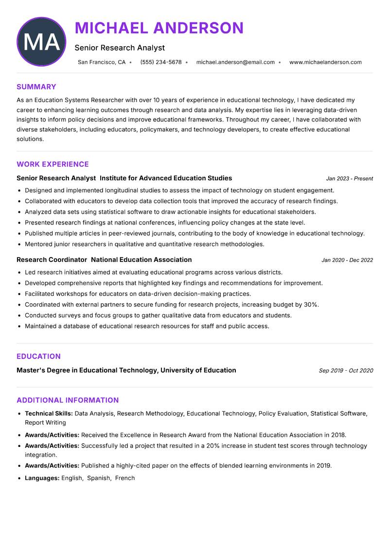 Education Systems Researcher resume example — ATS-friendly template