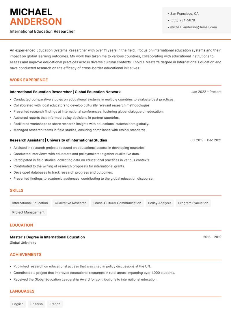 Education Systems Researcher resume template — Modern Professional