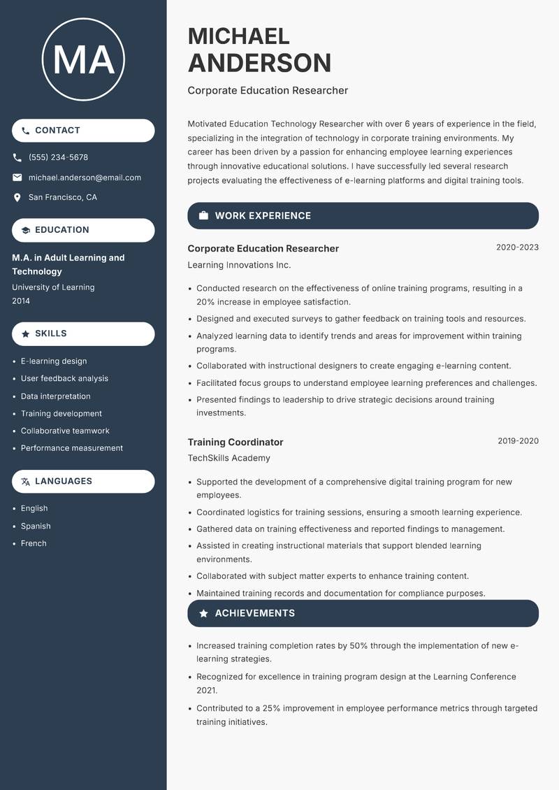 Education Technology Researcher resume template — Compact
