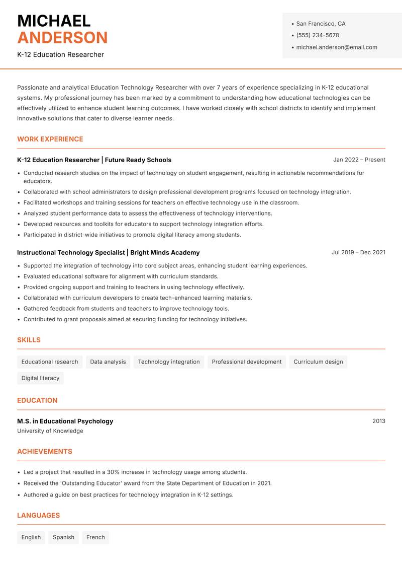 Education Technology Researcher resume template — Modern Professional