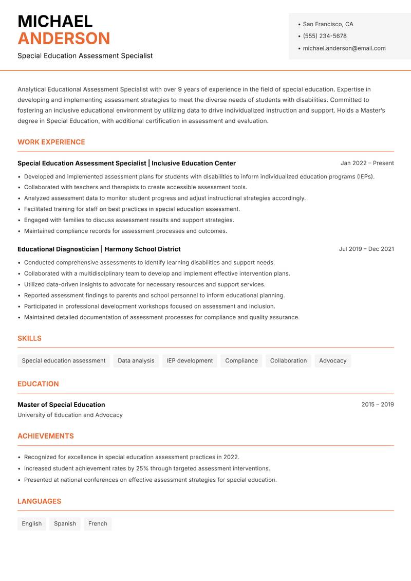 Educational Assessment Specialist resume template — Modern Professional