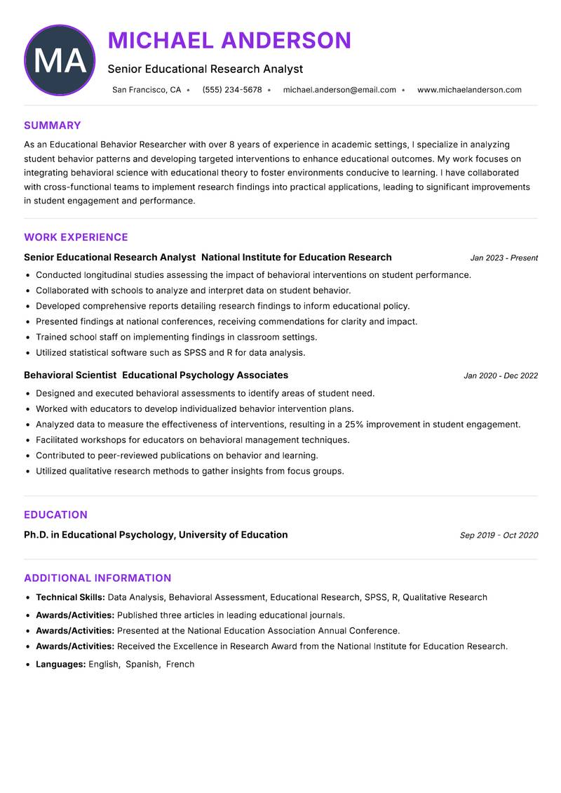 Educational Behavior Researcher resume example — ATS-friendly template