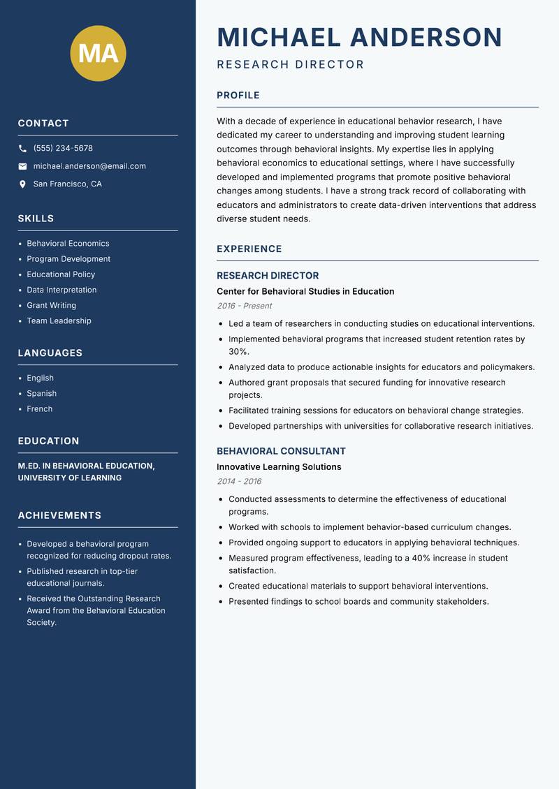 Educational Behavior Researcher resume template — Classic Clean