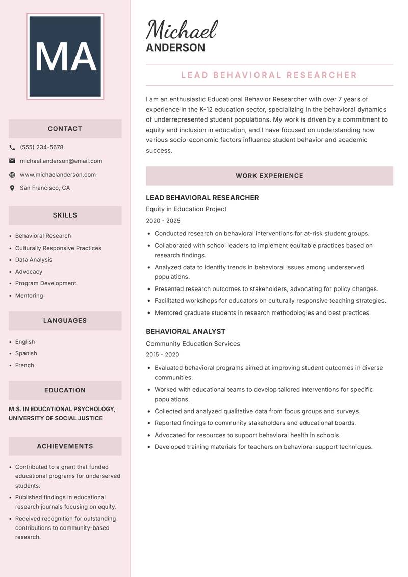 Educational Behavior Researcher resume template — Executive