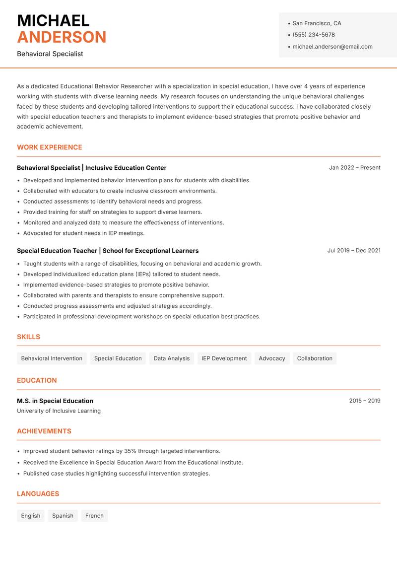 Educational Behavior Researcher resume template — Modern Professional