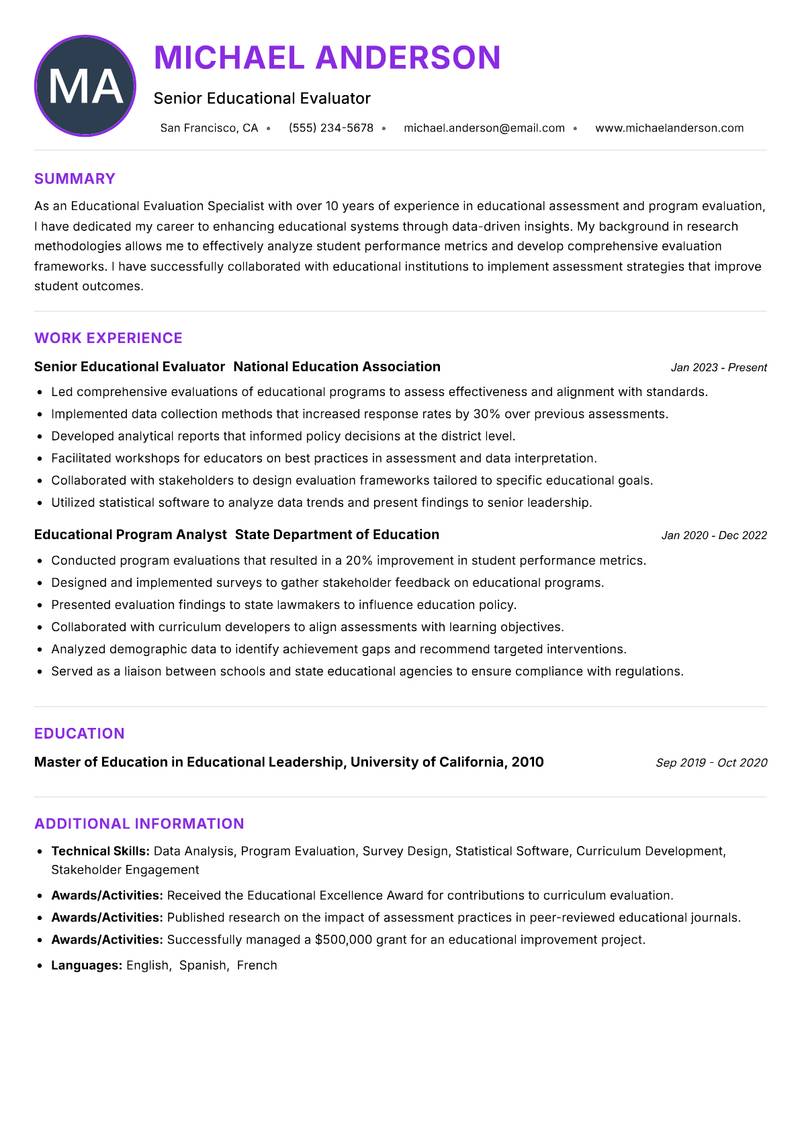 Educational Evaluation Specialist resume example — ATS-friendly template