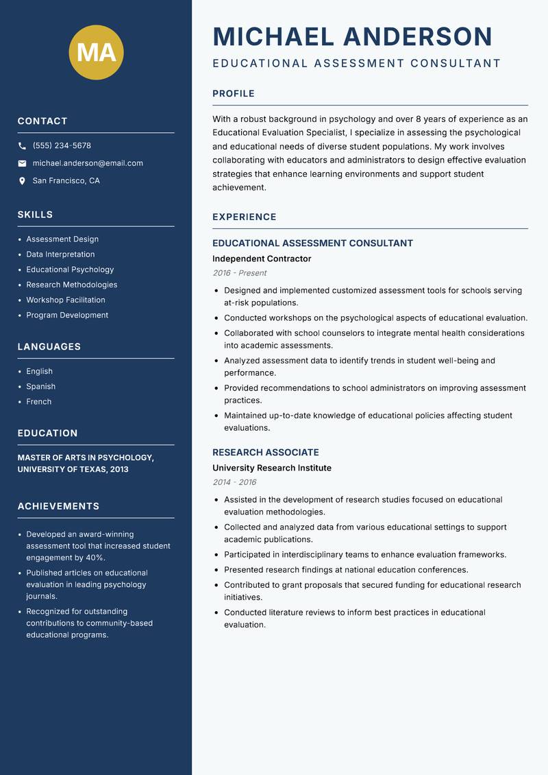 Educational Evaluation Specialist resume template — Classic Clean