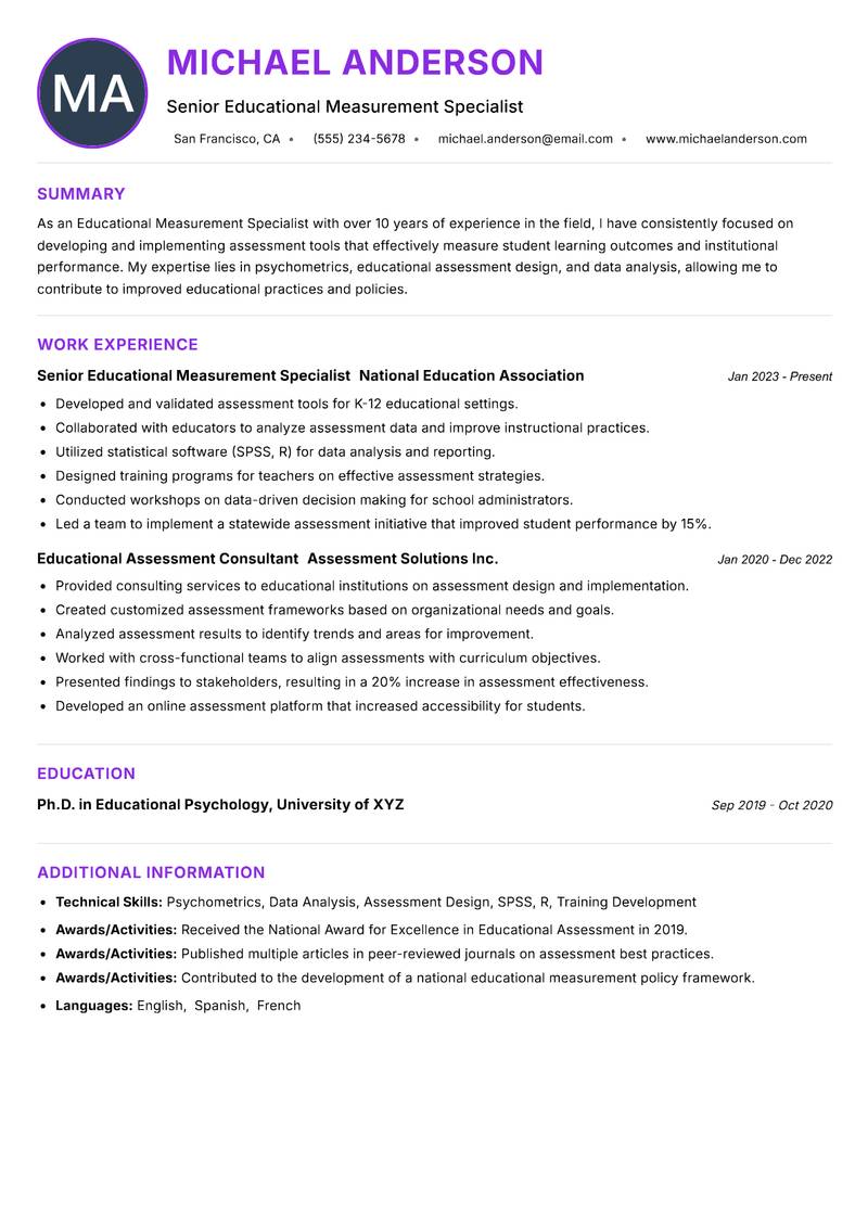 Educational Measurement Specialist resume example — ATS-friendly template