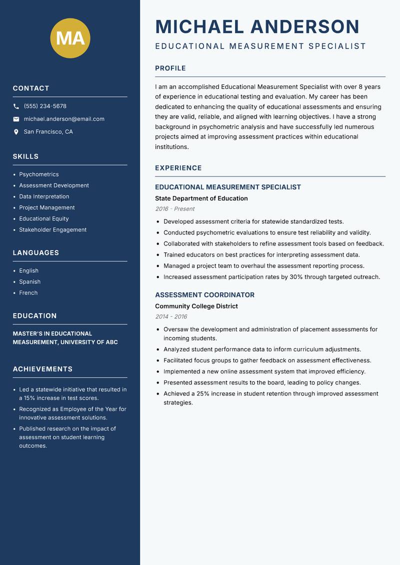 Educational Measurement Specialist resume template — Classic Clean