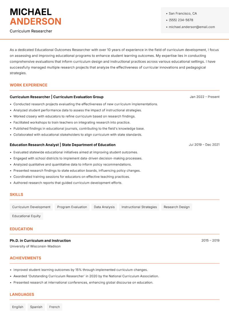 Educational Outcomes Researcher resume template — Modern Professional