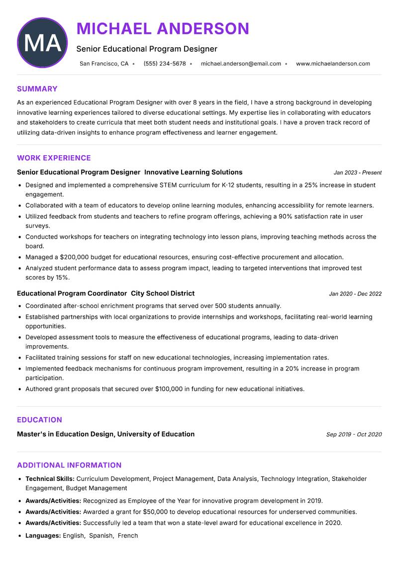 Educational Program Designer resume example — ATS-friendly template