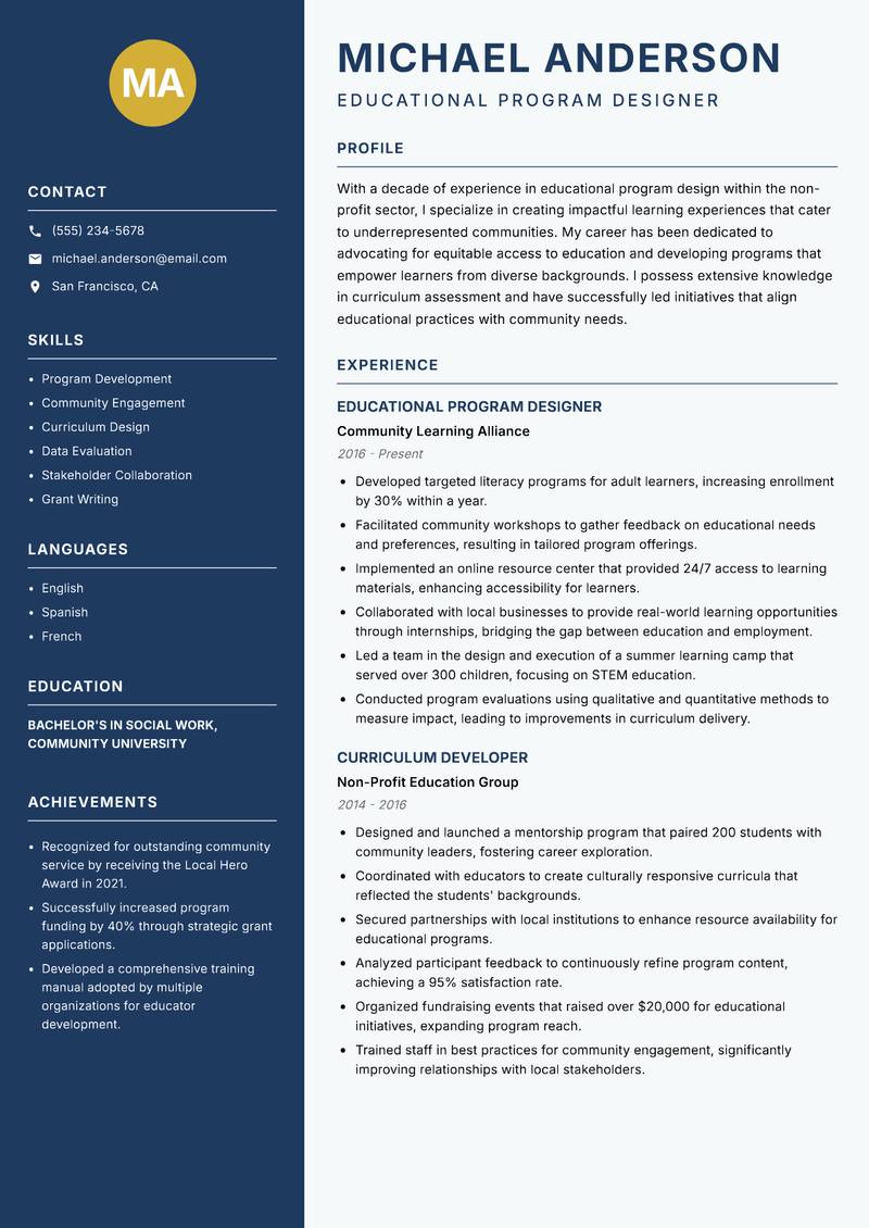 Educational Program Designer resume template — Classic Clean