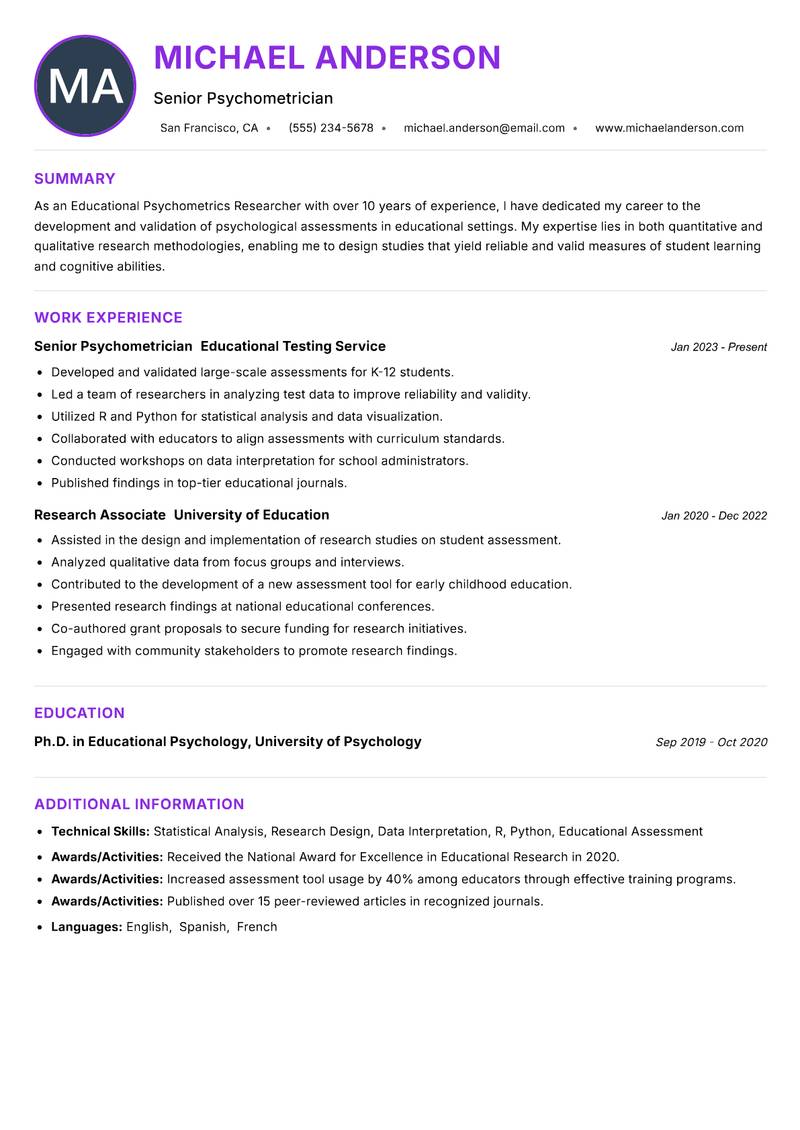 Educational Psychometrics Researcher resume example — ATS-friendly template