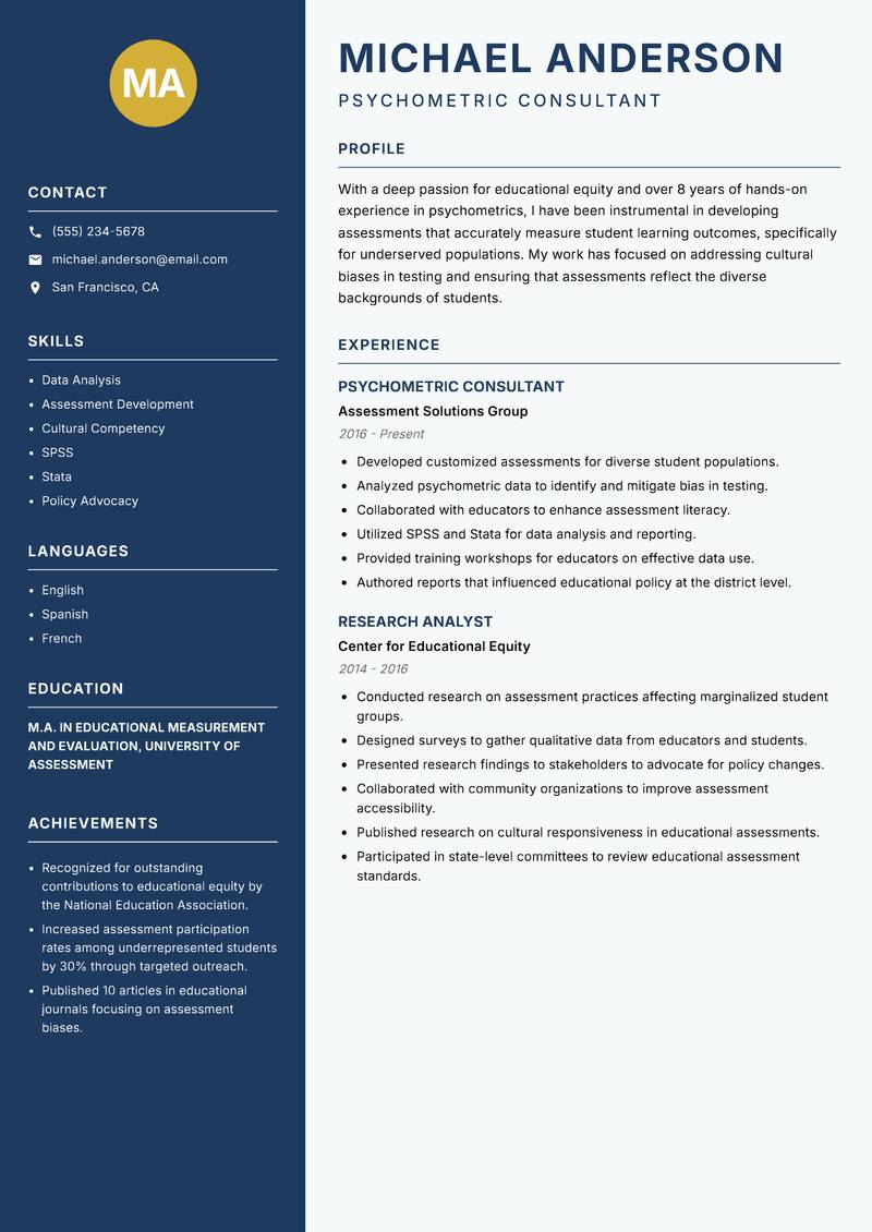 Educational Psychometrics Researcher resume template — Classic Clean