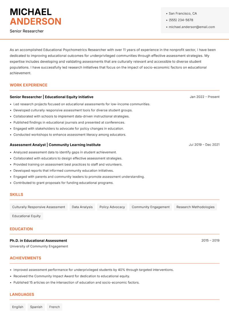 Educational Psychometrics Researcher resume template — Modern Professional