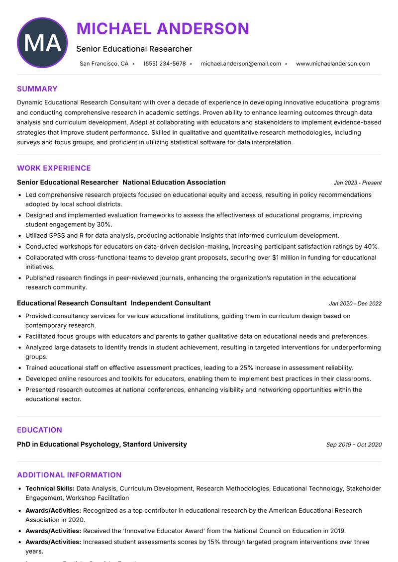Educational Research Consultant resume example — ATS-friendly template