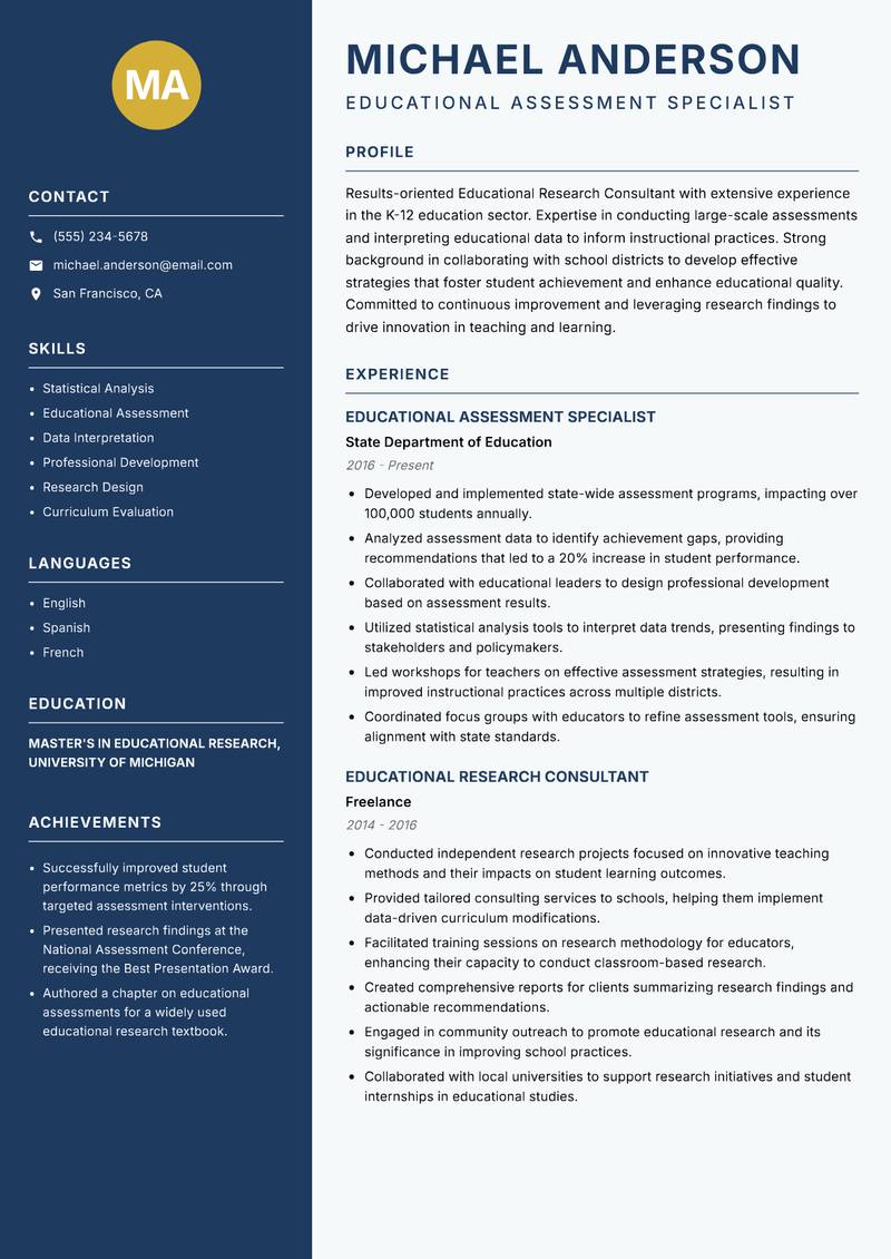 Educational Research Consultant resume template — Classic Clean