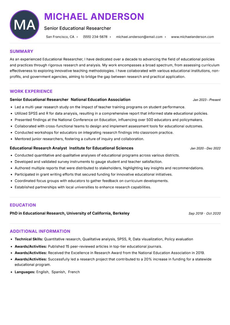 Educational Researcher resume example — ATS-friendly template