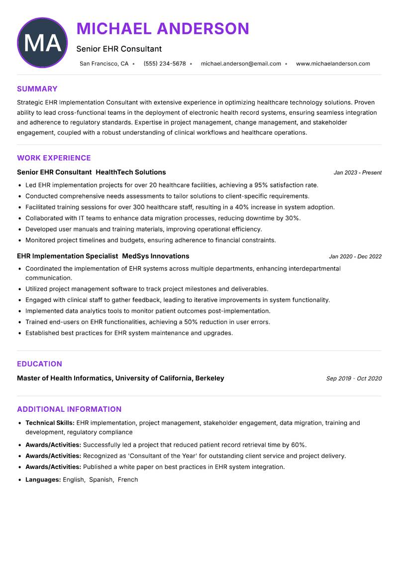 EHR Implementation Consultant resume example — ATS-friendly template