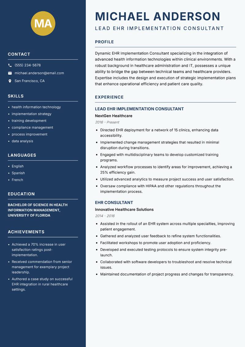 EHR Implementation Consultant resume template — Classic Clean